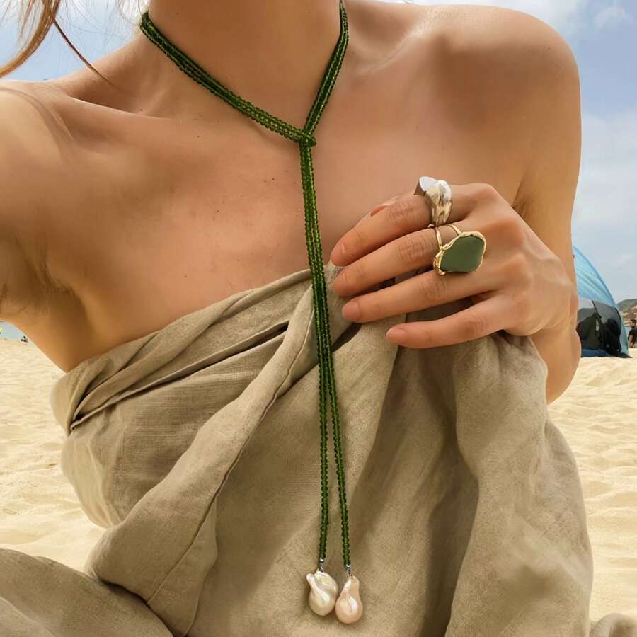 时尚简约的绿色钻石形水晶巴洛克仿珍珠吊坠配珠子和长项链，散发出海滩风格，适合日常佩戴配饰 - 串珠長項鍊 - 查看 1