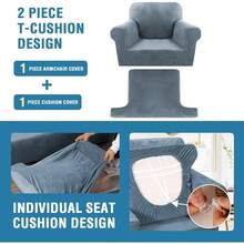 Sofa Cover 3 Piece T Cushion Loveseat Slipcovers Thick Velvet Couch Cover Stretch T Cushion Sofa Covers For 2 Cushion Couch With 2 Individual T Cushion Covers Washable, Stone Blue - Stone Blue - 查看 4