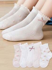 5 Pairs Girls' Cotton Socks, Spring/Summer Mesh Thin High Elasticity Socks With Ruffle Trim, Cute Pink & White Sports Socks - Multicolor - View 2