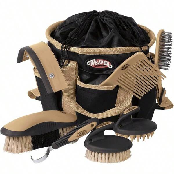 Kit de aseo para caballos Weaver Leather - Juego de 7 cepillos con bolsa organizadora, suministros de cuidado y aseo equino