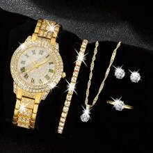 Relógio feminino moderno com 6 peças, escala romana, mostrador, strass, quartzo, ponteiros redondos, relógios femininos e acessórios de joias, colar, pulseira, brincos, conjunto de anéis, festa, casamento, presente, praia, férias, presente de dia dos namorados