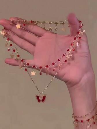 1 套浪漫红蝴蝶多层项链、颈链和手链首饰套装，适合女士，时尚百搭