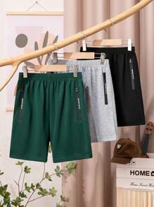 3pcs/Pack Teen Boys' Street Casual Graphic Zip Pockets Shorts, Comfortable For Daily Sports, Leisure & Holiday