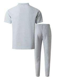 Bộ 2 áo sơ mi cổ ve lật túi lớn màu bạc thời trang thường ngày cho nam + quần dài, trang phục thể thao nghỉ dưỡng Hawaii mùa xuân/hè - Xám - Xem 2