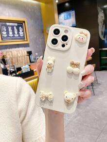 1pc Cute Bear & Rabbit Plain Color Phone Case Compatible With Apple 16/15/15pro/15promax/14/13/12/11/XR/14PROMAX, Women Soft Protective Cover - Beige - View 3