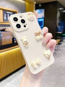 1pc Cute Bear & Rabbit Plain Color Phone Case Compatible With Apple 16/15/15pro/15promax/14/13/12/11/XR/14PROMAX, Women Soft Protective Cover - Beige - View 4