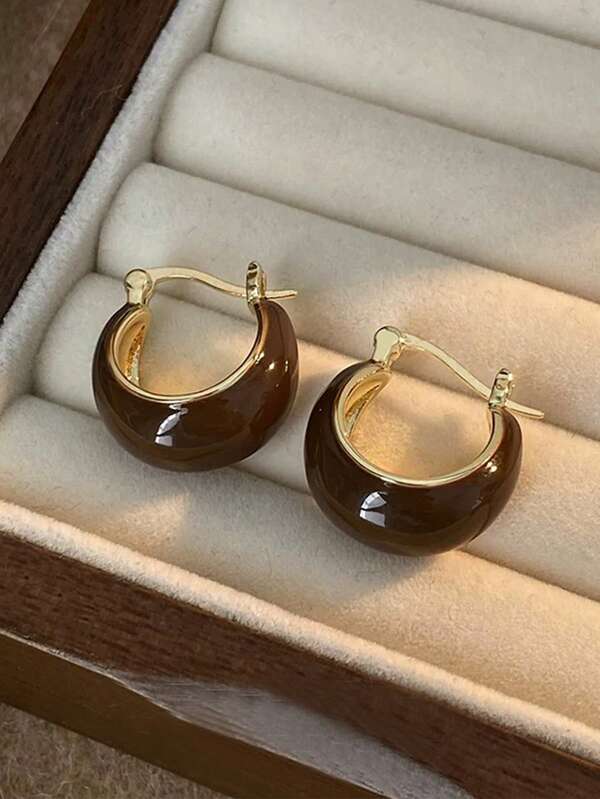 1 Pair Elegant Brown Oil Drop Simple Hoop Earrings, Suitable For Women's Daily, Commute, Holiday, And Date Wear In Autumn/Winter