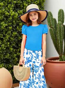 2 Stück/Set Mädchen Sommeroutfit, Pink Puffärmel Top + Tropisches Blume Muster Hose, leichte bequeme Lässig Strand Urlaubsgarnitur