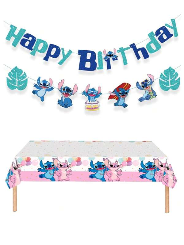 Disney 2pcs Baby Star Pink Stitch Disposable Tablecloth And Pull Flag 1 Birthday Party Supplies Decorative Layout Plastic Pe Tablecloth Banner Pull Flag