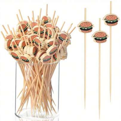 100/50 piezas Palillos de dientes de bambú con diseño de hamburguesa, pinchos para cócteles, pinchos para aperitivos, pinchos de bambú para cócteles de 4.7 pulgadas, pinchos para frutas, sándwiches elegantes para el desayuno, hamburguesas, frutas y eventos, accesorios para parrilla de carbón, palillos de dientes largos de bambú, decoración para graduación 2025