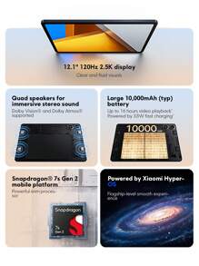 Xiaomi 小米 POCO Pad 平板电脑 8GB+256GB 全球版，搭载小米 HyperOS 系统，配备 12.1 英寸 120Hz LCD 显示屏、骁龙 7s Gen 2 处理器、10000mAh 电池、33W 有线快充，支持最高 1.5TB 存储扩展，支持杜比视界和 Wi-Fi 6。