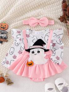 Baby Girl Christmas Halloween Outfit, Santa Ghost Turkey Patch Flying Long Sleeve Romper Dress Bow Headband 2 Piece Set For Fall - Hồng - Xem 2