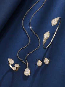 4 件套女士新款复古外观 18K 镀金锆石铜泪滴石简约百搭手镯、戒指、项链、耳环首饰套装 - 彩色 - 查看 6