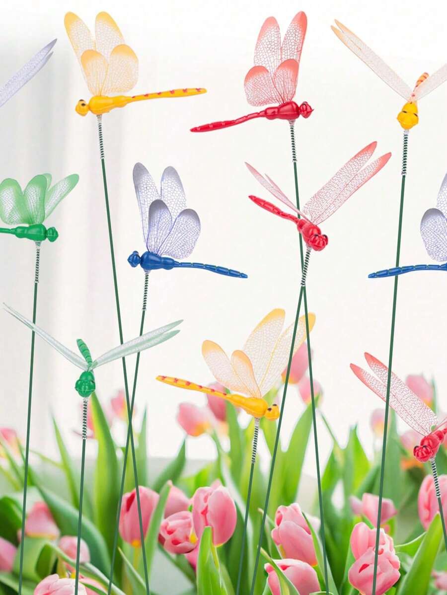 10pcs-3d Simulation Flower Dragonfly Stake Garden Decoration, Artificial Dragonflies With Stems,Micro Landscape Arrangement For Outdoor Dining Table-Color Random, For Garden/Shop/Home Wall Decoration Random Color,Wooden Post Dragonfly Garden Decorations, Waterproof Lifelike Dragonfly Suitable For Indoor/Outdoor