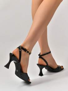 Sandalias de tacón alto con puntera cuadrada para mujer, diseño de puntera abierta sexy, cierre de cordones ajustable, zapatos de tacón de moda de verano