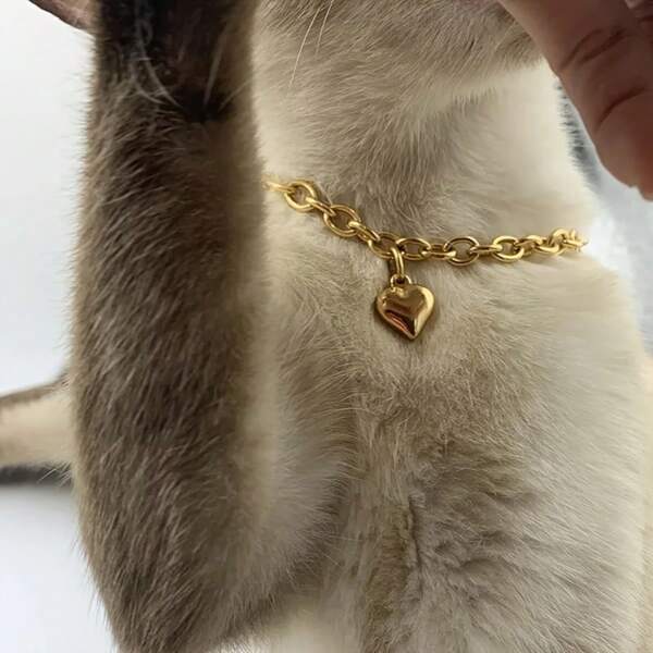 1 Adjustable Gold Heart Pendant Cat Collar Necklace - Stainless Steel, Elegant Accessory For Cats And Small Pets, Cat Accessories