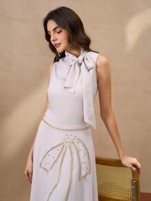 优雅蝴蝶结吊带背心搭配饰有串珠蝴蝶图案的铅笔裙，女士奢华复古两件套 - 粉 - 查看 1