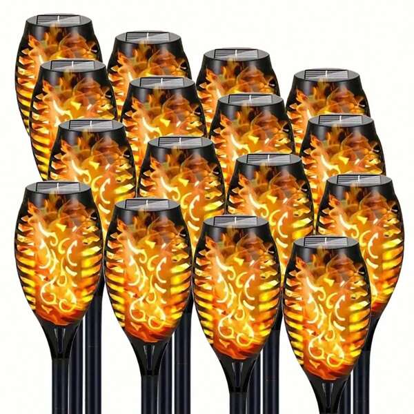 Iluminação externa Lâmpadas de caminho de luz solar quente - 1/4/8/16 peças Luzes solares de gramado com painéis solares, efeito de chama realista, à prova d'água IP65, para acampamento ao ar livre, decoração de feriado, iluminação de caminho, jardim, quintal