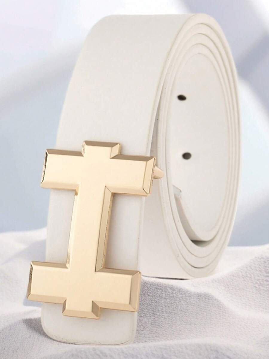 男女通用时尚简约字母合金扣腰带，纯色休闲商务正装牛仔裤腰带，理想的节日礼物 - 金色字母男女同款腰帶 - 查看 1
