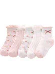 5 Pairs Girls' Cotton Socks, Spring/Summer Mesh Thin High Elasticity Socks With Ruffle Trim, Cute Pink & White Sports Socks - Multicolor - View 3