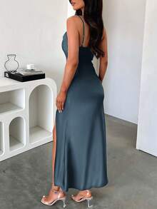 Vellofy Women's Solid Color Satin Midi Dress, Spaghetti Strap Cowl Neck Ruched High Slit Bodycon Dress, Suitable For Wedding Guest And Party - Gray Blue - View 10