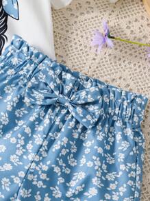 2 buc/set fete tinere model desen animat mânecă scurtă tricou top și fundă decorativ pantaloni scurți ținută de vară