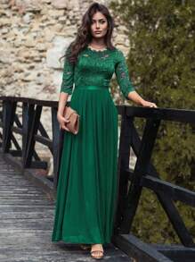 Vestido formal de fiesta elegante con pliegues en el bajo, de gasa y encaje floral, tela cómoda,