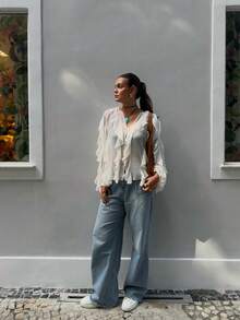 HZXVIC Women's New Autumn French Style Multi-Layer Ruffle Sheer V-Neck Drape Long Sleeve Blouse - White - View 10