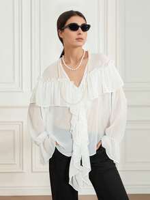 Women's Long Sleeved Shirt, Solid Color Pleated V-Neck Chiffon Shirt, Spring Loose Casual Top Street Wear, Suitable For Outdoor Travel, New Year's, Christmas, Valentine's Day Gifts, Classic Elegance,  , Autumn And Winter Clothing - Ivory - View 5