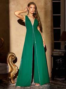 Deep V-Neck Sleeveless Split Leg Formal Pants With Diamond Chain Decor, High-End Evening Skort - Dark Green - View 11