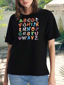 Camisetas con alfabeto animal para mujer - Camisetas lindas con letras del zoológico de la A a la Z - Camisetas suaves de algodón de manga corta - Ropa para la vuelta al cole - Regalos para profesores - Negro - Ver 2