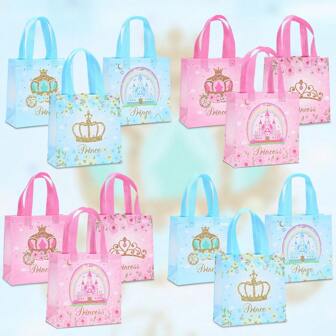 6/8/12/16/18/24pcs Princess Castle & Bow Decor Reusable Non-Woven Fabric Gift Bags, Suitable For Birthday Party, Wedding, Anniversary Celebration