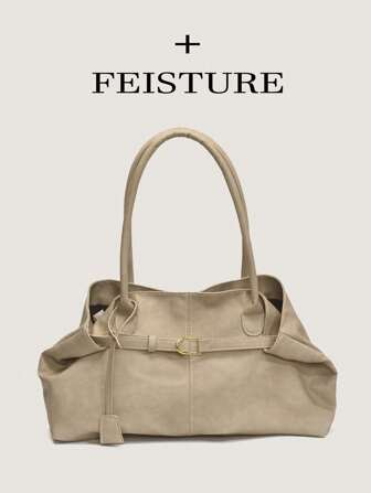 FEISTURE 1pc, Large Strap Decor Shoulder Bag, Roomy PU Tote Bag, Magnetic Closure, Suitable For Daily Outing, Dating, Commuting