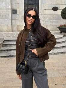 Chaqueta marrón para mujer - Abrigo casual de manga larga con cuello alto y bolsillos, ropa de abrigo para primavera y otoño