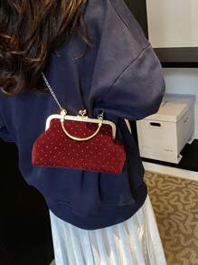 2025 New Rhinestone Chain Decor Evening Bag, Fashionable Handbag For Ladies, Shoulder Bag, Clutch, Sling Bag, Solid Color