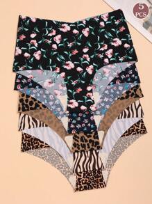 5 Pairs Women Seamless Hipster Panties, Assorted Colors, Leopard Digital Printing, Comfortable High Waist
