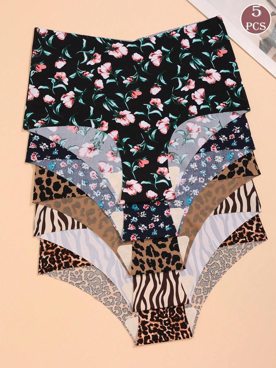 5 Pairs Women Seamless Hipster Panties, Assorted Colors, Leopard Digital Printing, Comfortable High Waist