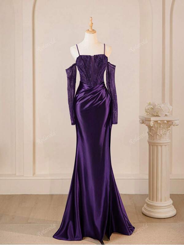 Robe de soirée élégante de bal de promo, de mariage ou de dîner, avec bretelles fines, dentelle contrastée et coupe sirène