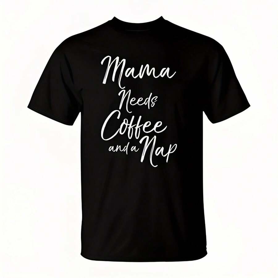 Mama-Needs-Coffee-And-A-Nap-Fun-Cute-Caffeine-Tired-T-Shirt-20211004223836-E1jsg2j2Wo's 220g Thick Cotton T-Shirt With Butterfly Print Pattern, Suitable For Girls And Wo's Short Sved Round Neck Inspirational Shirt, Cute Aesthetic Y2K Style Summer Top, Suitable For Outdoor, Family, Work Or Street Wear Casual Loose Daily T-Shirt - 黑色 - 查看 1