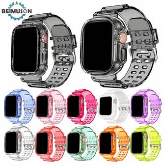 BEIMUSON For Apple Watch Candy Color Clear Band + Case 49mm 46mm 45mm 44mm 42mm 41mm 40mm 38mm, Clear Crystal Sport Band With Protective Bumper Case Compatible With Apple Watch Series 11/10/9/8/7/6/5/4/3/2/1 SE Ultra
