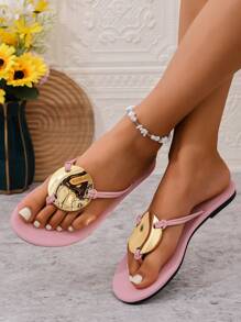 Women's Fashion Thong Sandals, Bohemian, Indoor Outdoor, Comfortable, Minimalist Elegant Metal Decor, Beach Shoes, Summer Cooling Outdoor Style