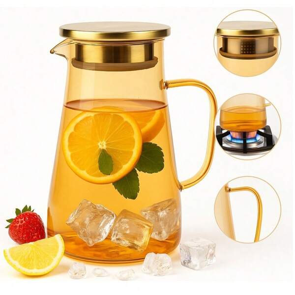 Jarra De Vidro Ambar Borossilicato Tampa Inox 1,5l Suco Chá Vai ao Fogo Bebidas Quentes e Frias Mesa Posta