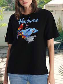 Camiseta de manga corta con estampado de arrecife de Honduras para mujer - Camiseta gráfica tropical, recuerdo de vacaciones, camiseta de viaje, regalo de orgullo hondureño, camiseta cómoda de algodón - Negro - Ver 2