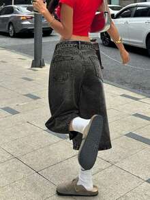 Y2K 复古水洗猫须口袋阔腿百慕大牛仔短裤，休闲七分裤，Y2K 音乐节夏季装 - 炒花黑 - 查看 2