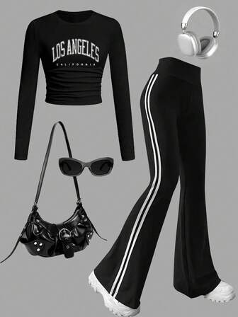 Tween Girl Cartoon Graphic Print Crew Neck Long Sleeve Top And Long Pants Set