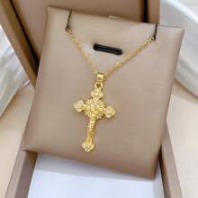 1pc 14K Gold Plated Stainless Steel Jesus Christ Cross Pendant Necklace, European/Arabian Style Religious Church Cross Necklace For Women, For Daily Wear, Gift Or Worship