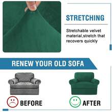 Sofa Cover 3 Piece T Cushion Loveseat Slipcovers Thick Velvet Couch Cover Stretch T Cushion Sofa Covers For 2 Cushion Couch With 2 Individual T Cushion Covers Washable, Stone Blue - 綠色 - 查看 4