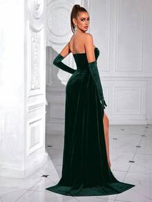 ADYCE Women's Elegant Solid Color Sweetheart Bodice With Waist Tie And Long Sash Front Split Open Back Women's Formal Evening Party Dress (Does Not Include Gloves) - Dark Green - View 2