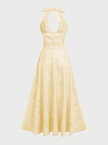 Elegant V-Neck Waisted A-Line Mid-Length Dress, Romantic Vacation Textured Printed Fabric - Yellow - View 5