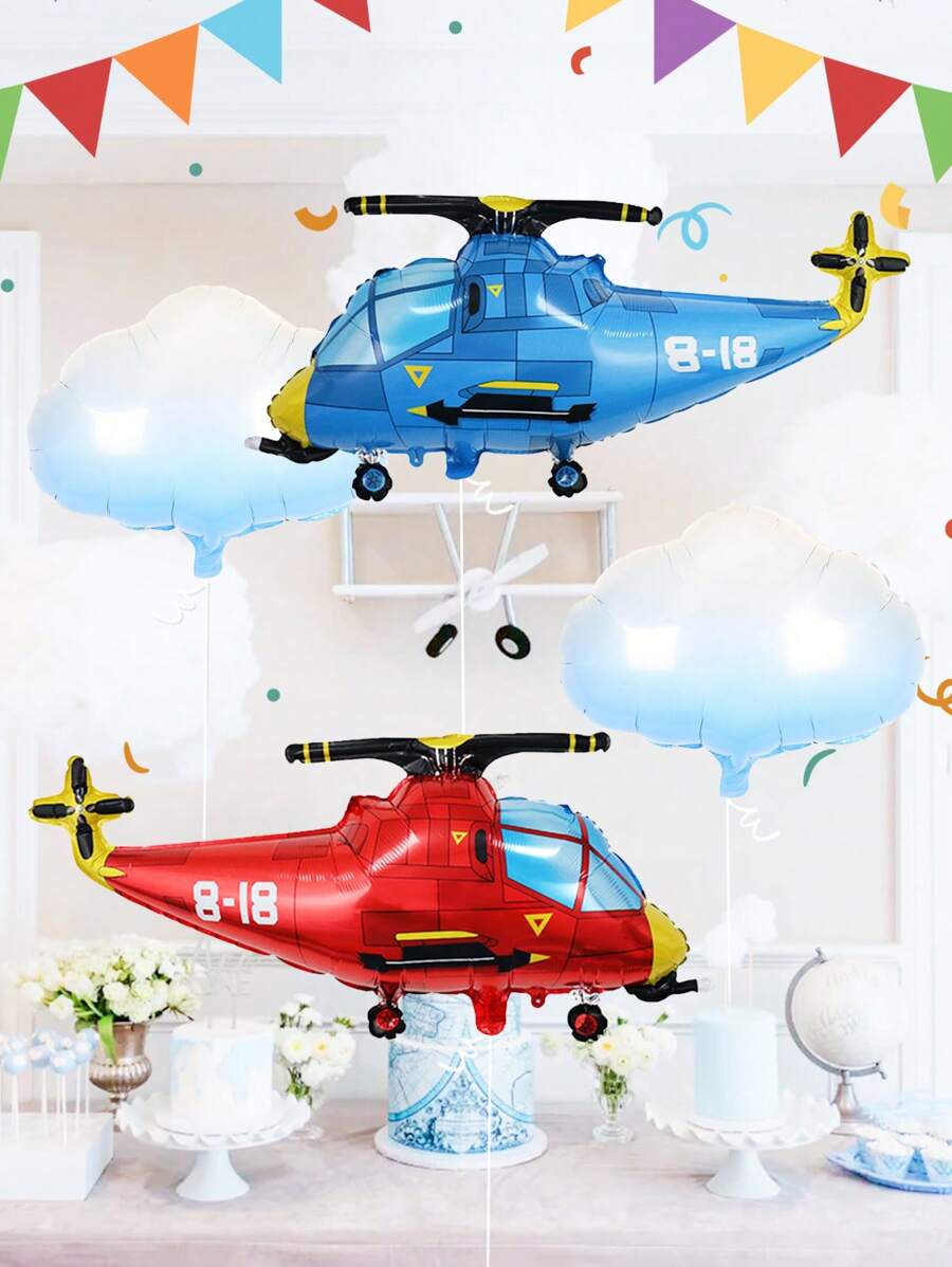 4 Stücke/Set Hubschrauber Luftballons, enthält rote & blaue Polizei Hubschrauber Luftballons, verlaufende weiße Wolken Folie Ballons, geeignet für Geburtstags-Partys, Abenteuer-Themen Partys, Fluggeburtstags-Partydekoration, 2. Geburtstags-Dekoration für Jungen und Mädchen, rote Mylar Flugzeug Wetter Ballons, Baby-Partys